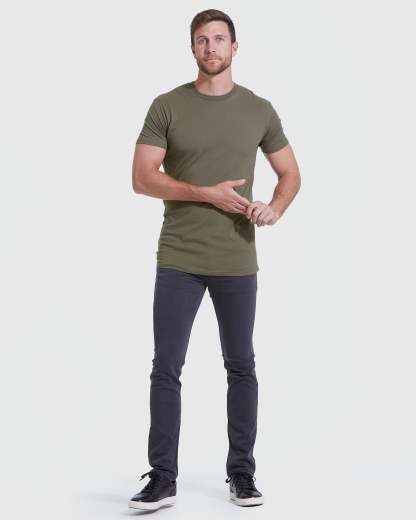 Military Green Tall Round Hem Crew Neck T-Shirt-VibeCloset