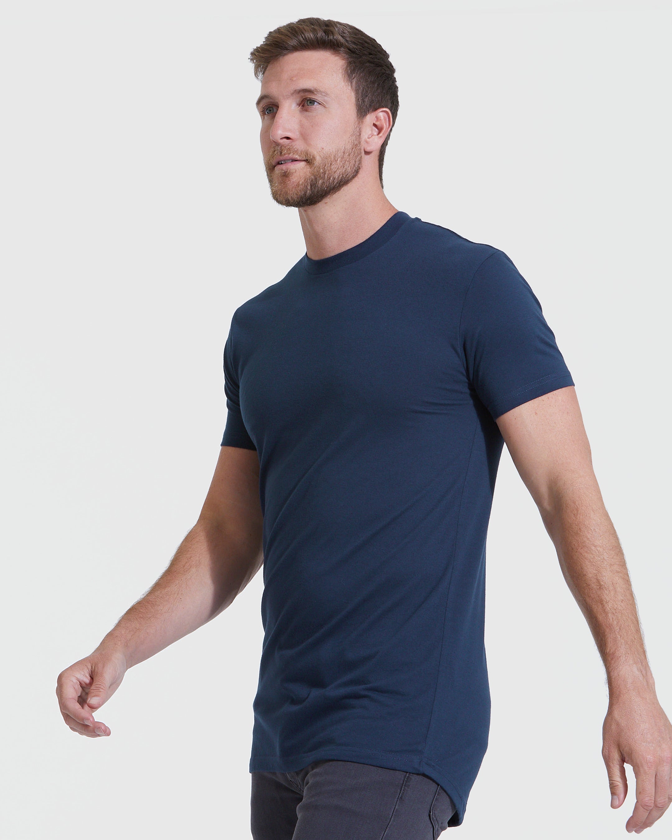 Navy Tall Round Hem Crew Neck T-Shirt-VibeCloset