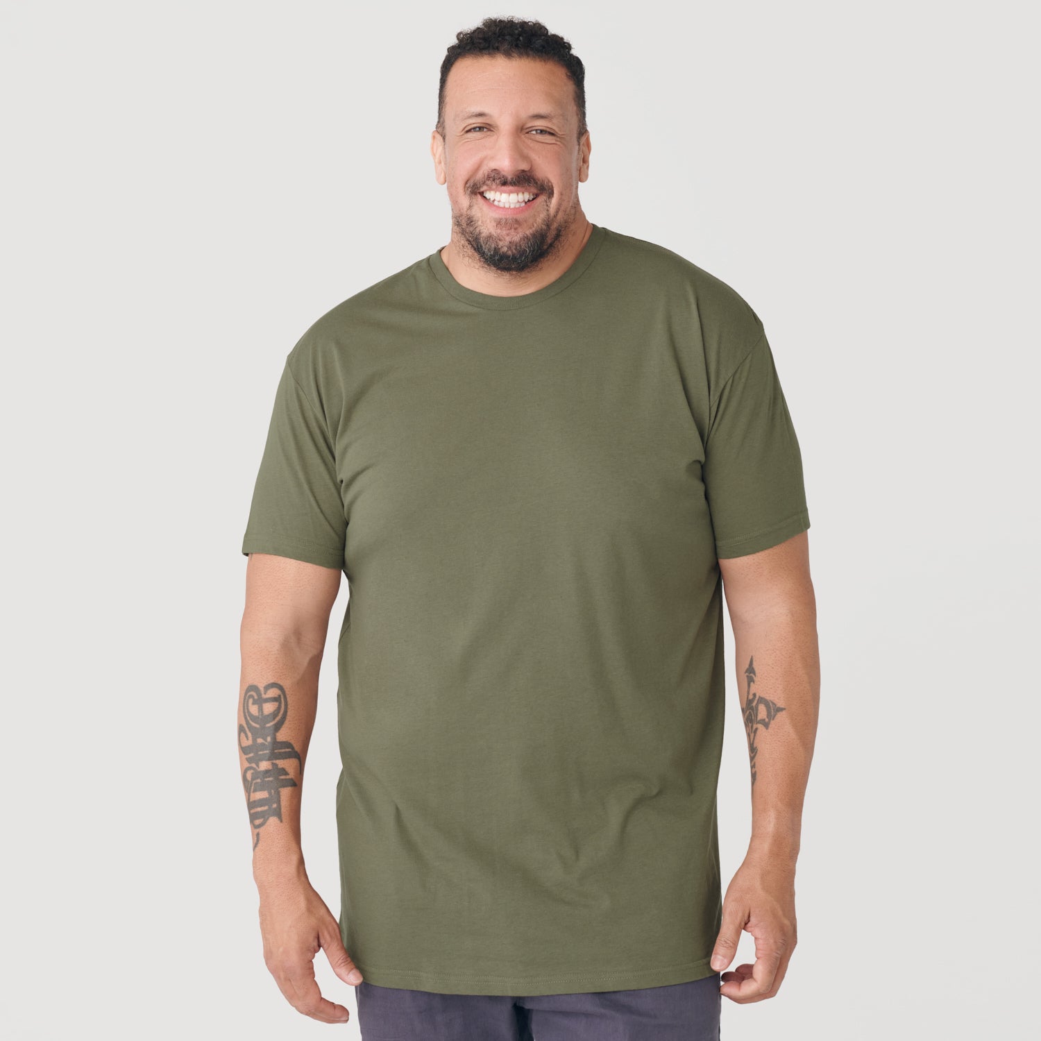 Military Green Tall Round Hem Crew Neck T-Shirt-VibeCloset