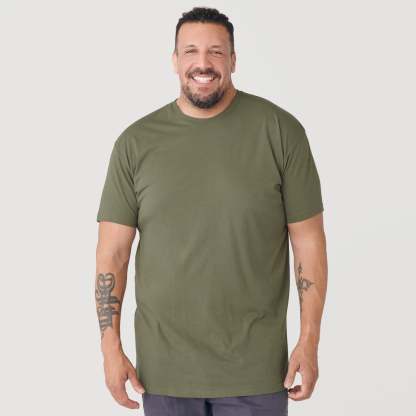 Military Green Tall Round Hem Crew Neck T-Shirt-VibeCloset