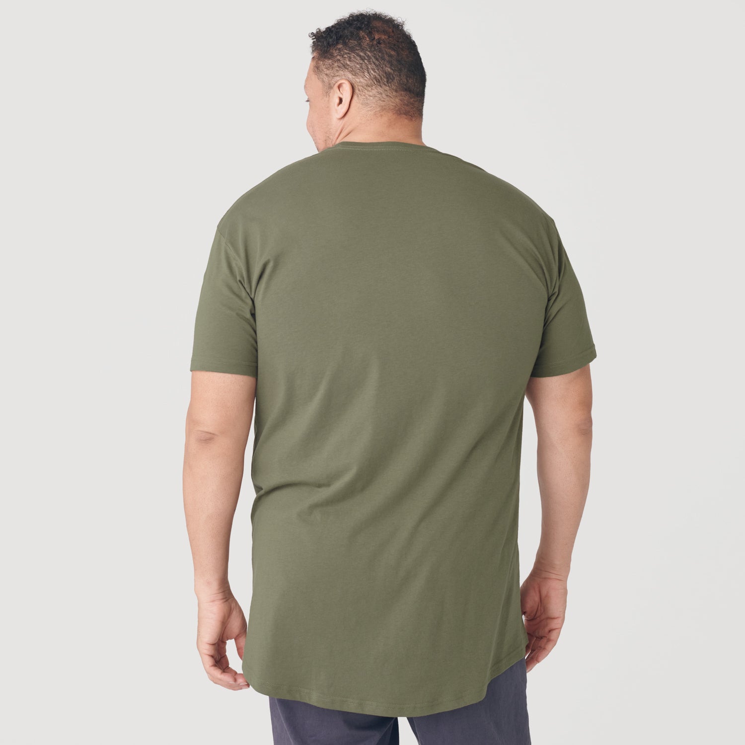 Military Green Tall Round Hem Crew Neck T-Shirt-VibeCloset