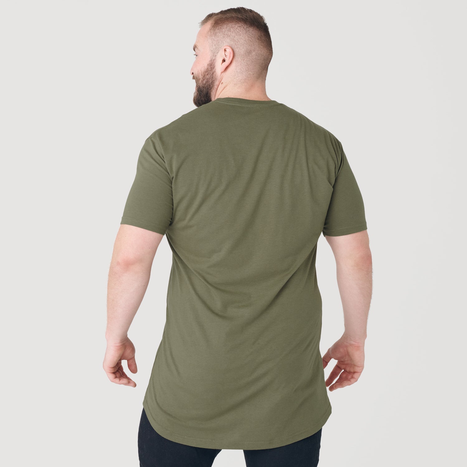 Military Green Tall Round Hem Crew Neck T-Shirt-VibeCloset