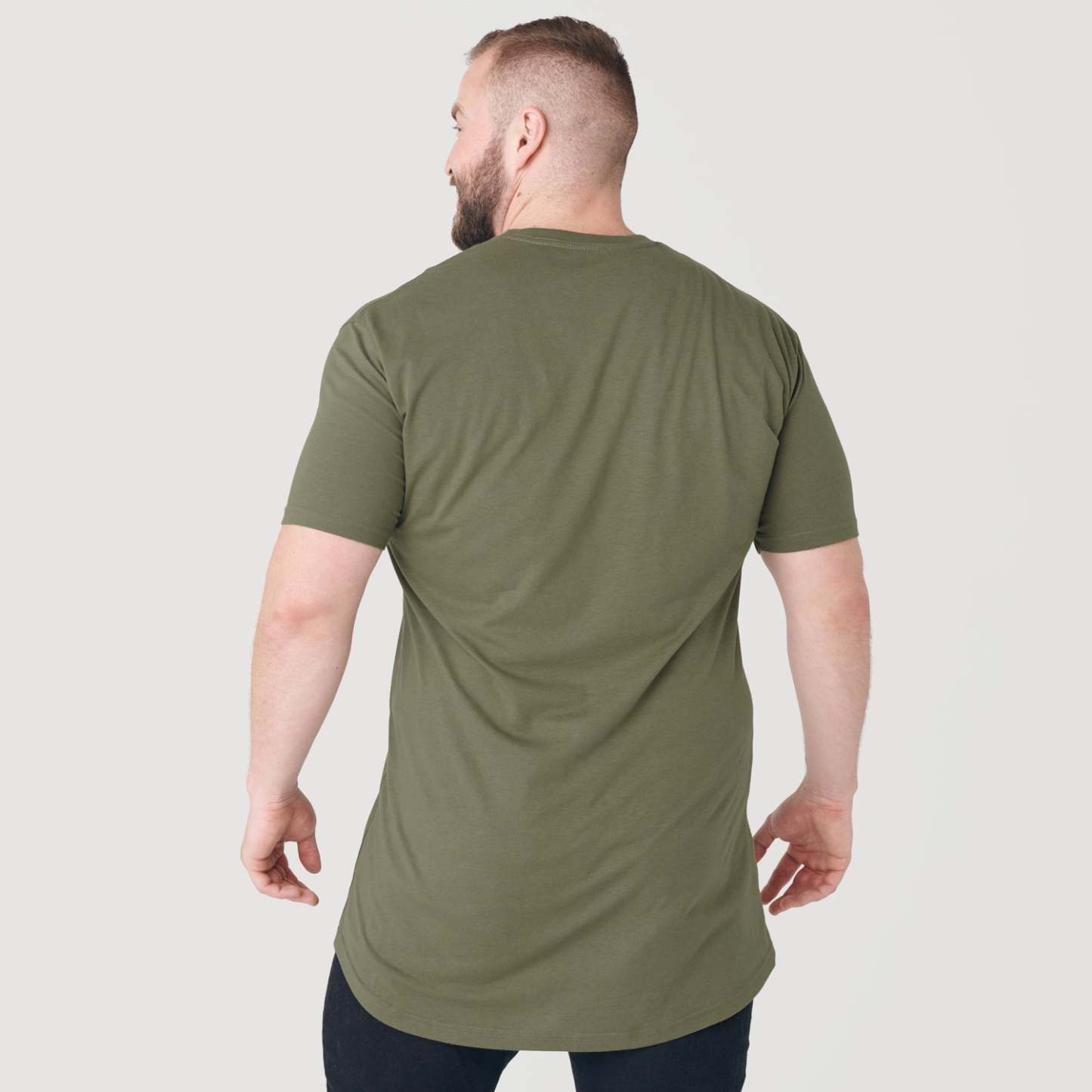 Military Green Tall Round Hem Crew Neck T-Shirt-VibeCloset