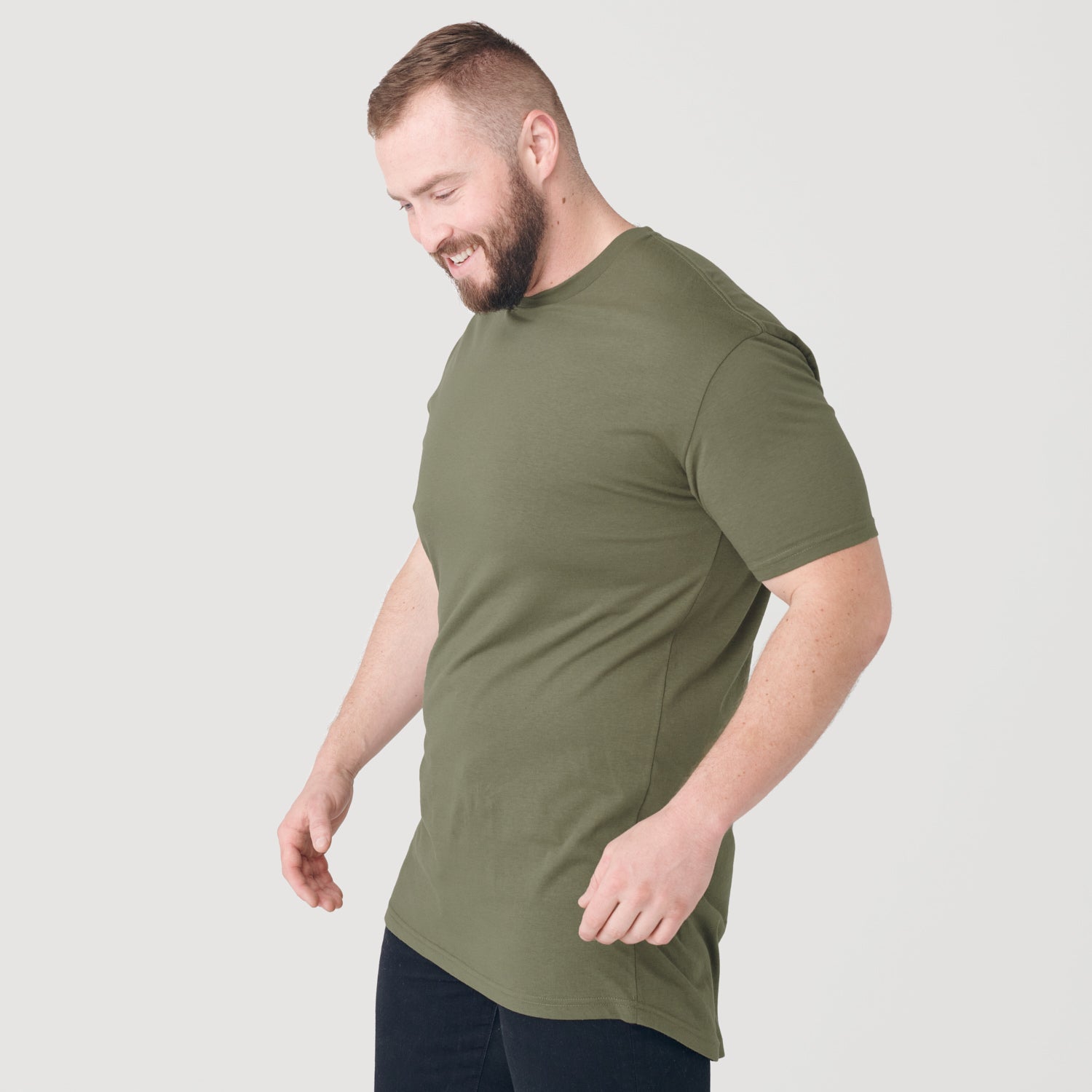 Military Green Tall Round Hem Crew Neck T-Shirt-VibeCloset