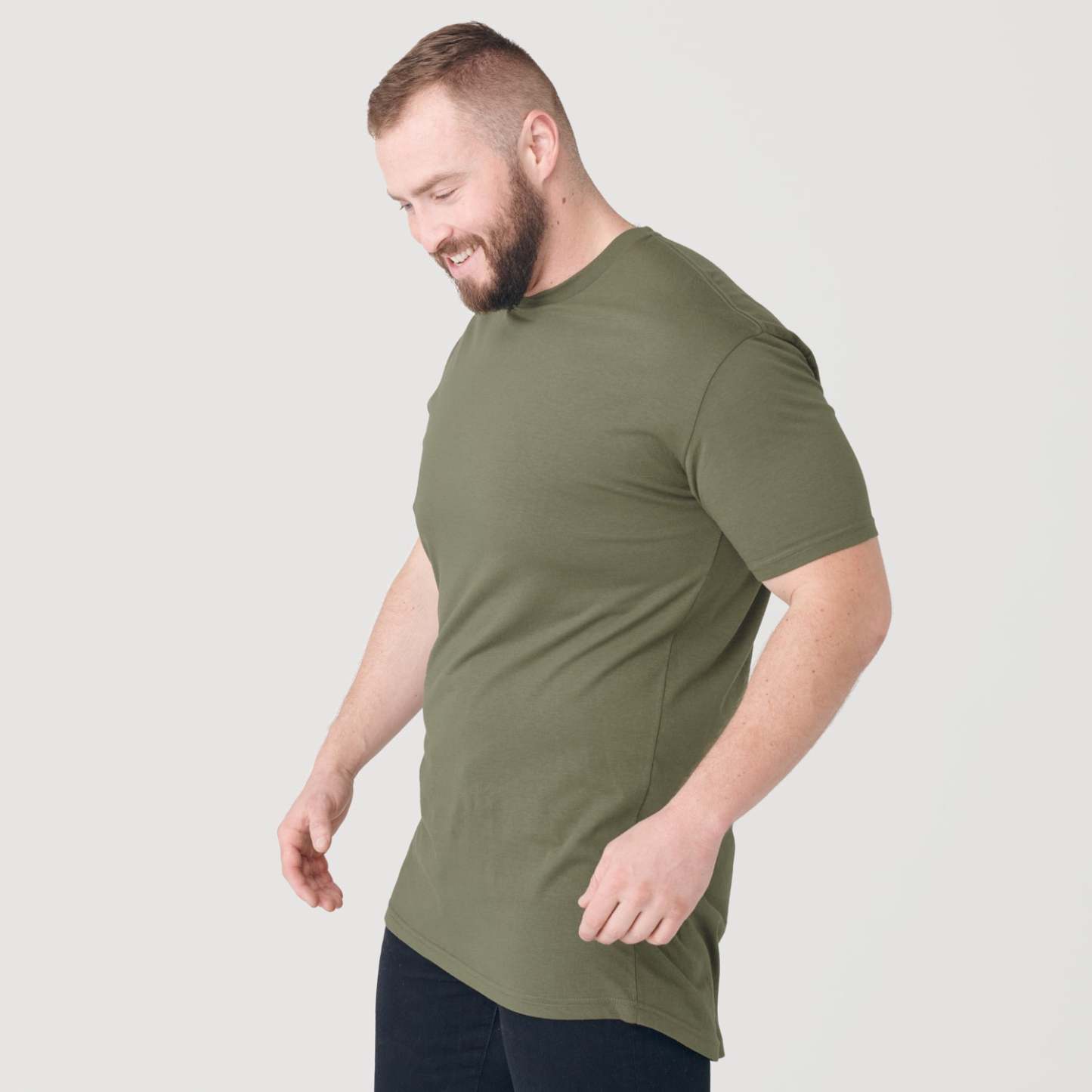 Military Green Tall Round Hem Crew Neck T-Shirt-VibeCloset