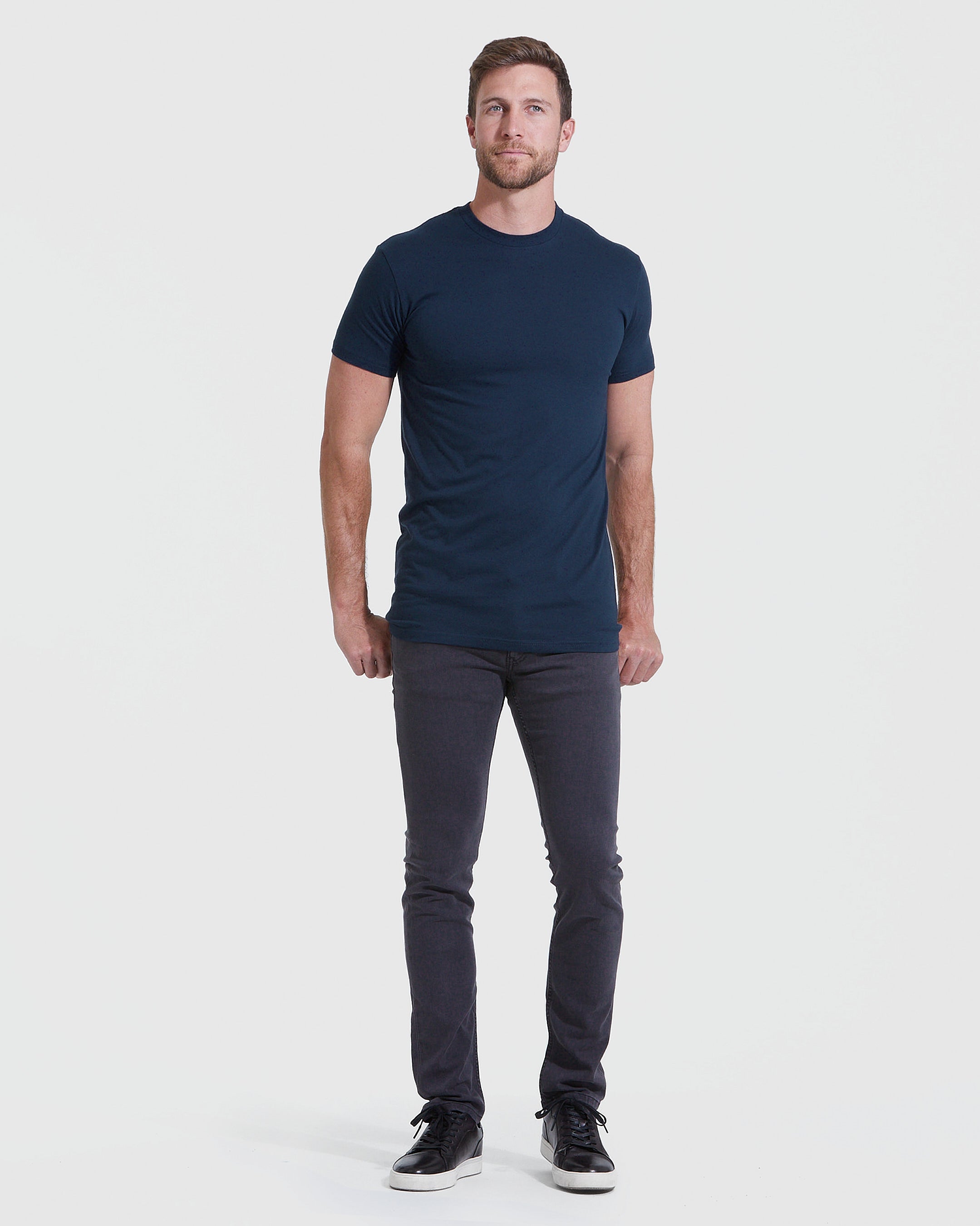 Navy Tall Straight Hem Crew Neck T-Shirt-VibeCloset