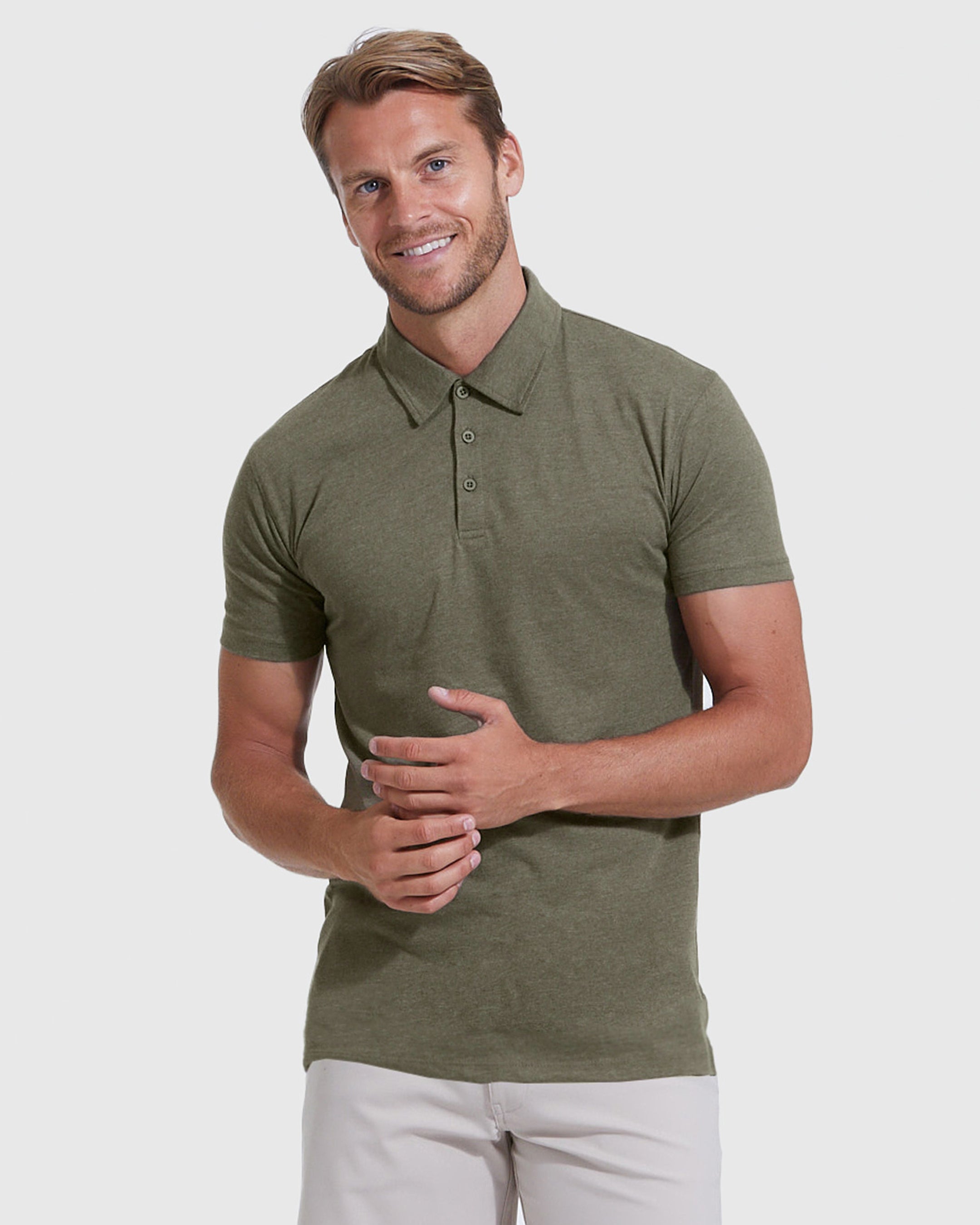 Heather Military Green Short Sleeve Tall Polo-VibeCloset