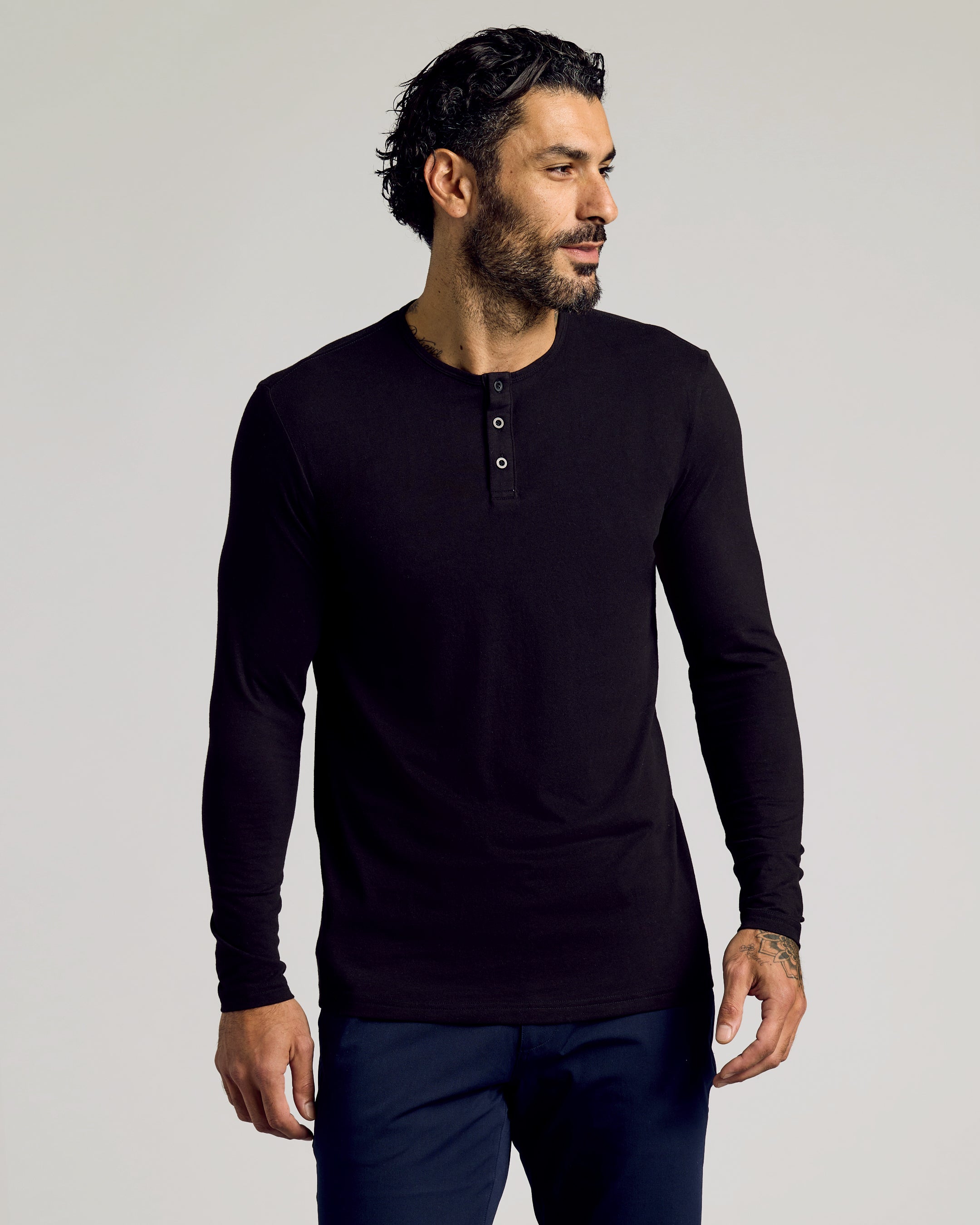 Black Long Sleeve Tall Classic Henley-VibeCloset