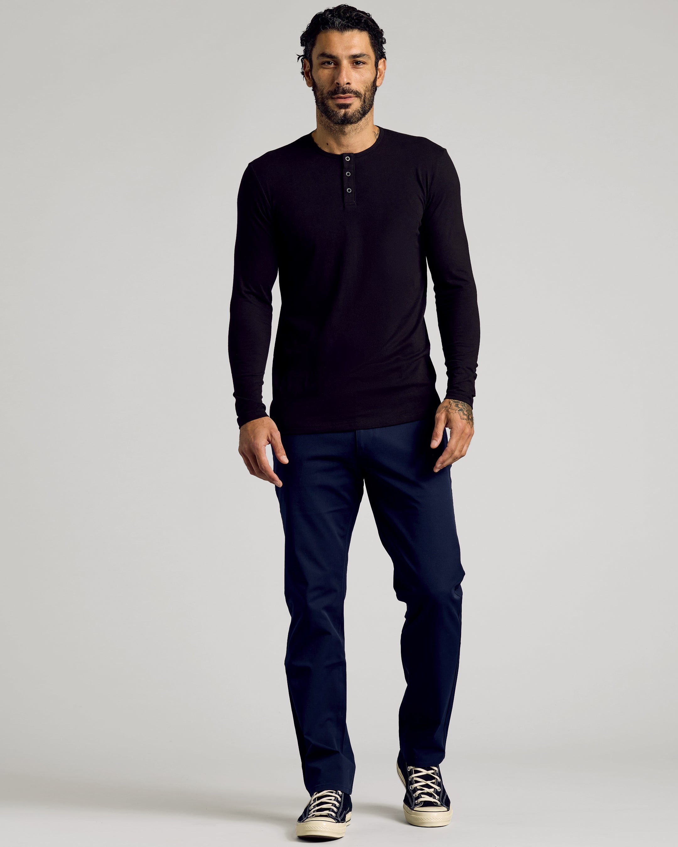 Black Long Sleeve Tall Classic Henley-VibeCloset
