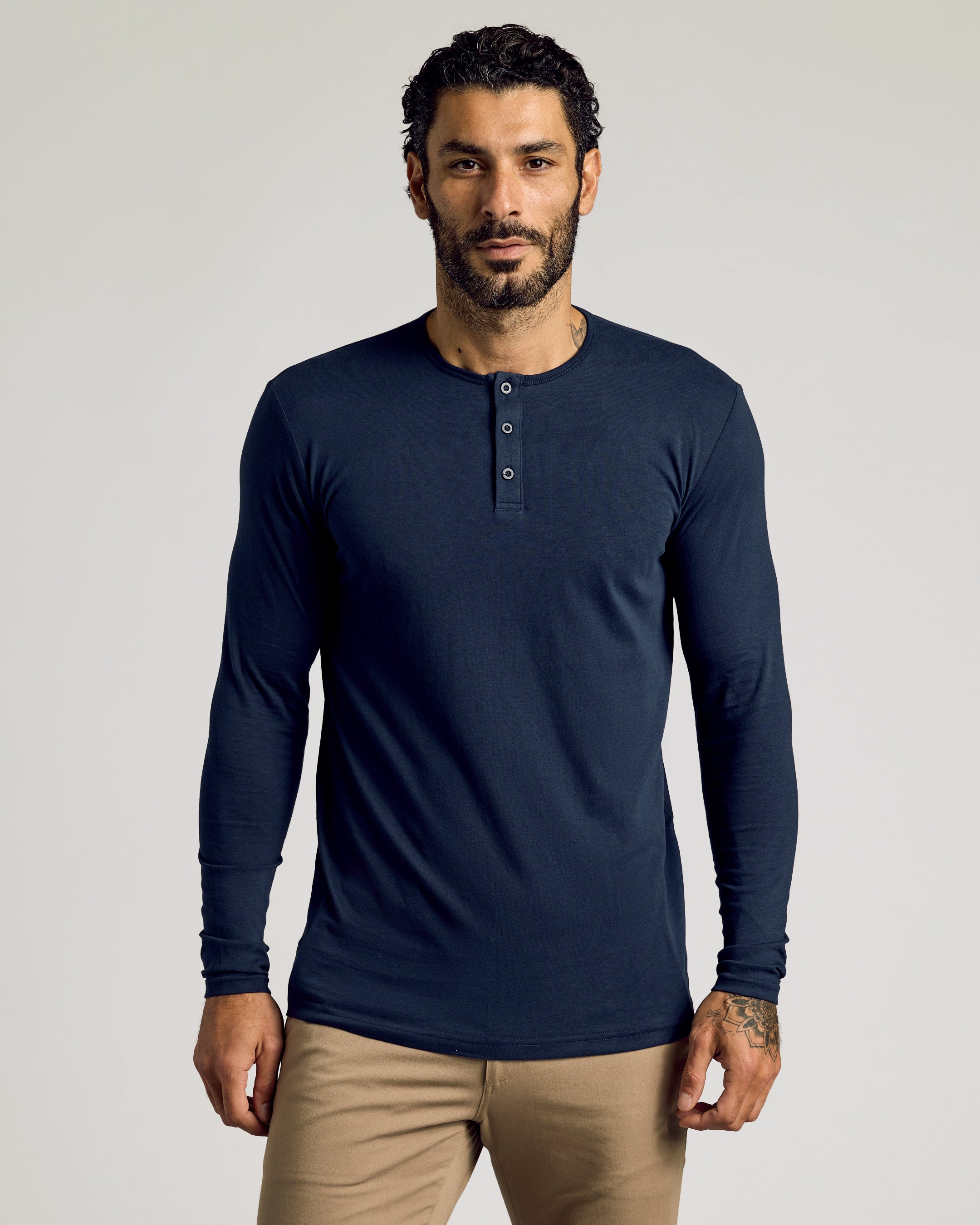 Navy Long Sleeve Tall Classic Henley-VibeCloset