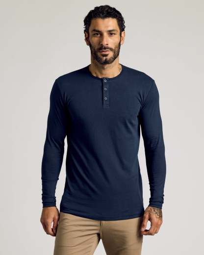 Navy Long Sleeve Tall Classic Henley-VibeCloset