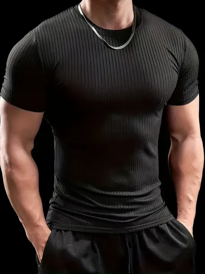 Men'S Summer Striped T-Shirt - Casual & Sporty, Slim Fit, High-Elasticity Ribbed Crew Neck Tee, Lightweight for Gym & Casual Attire