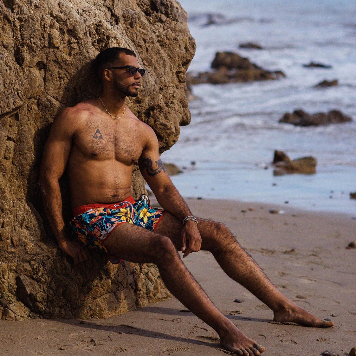 4.5 Inch Inseam Vintage Stretch Lily Bouquet Swim Trunks-VibeCloset