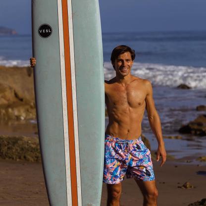 5.5 Inch Inseam Pink Tropical Fantasy Swim Trunks-VibeCloset