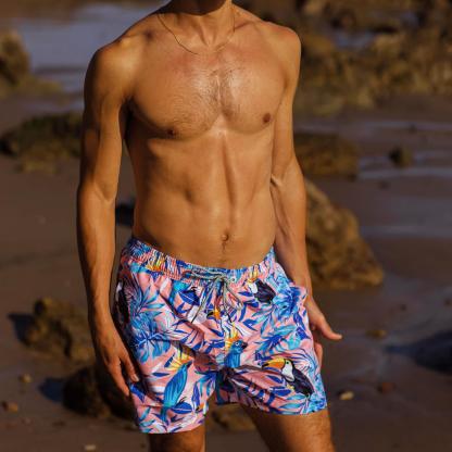5.5 Inch Inseam Pink Tropical Fantasy Swim Trunks-VibeCloset