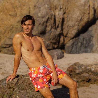 5.5 Inch Inseam Red Sakura Swim Trunks-VibeCloset