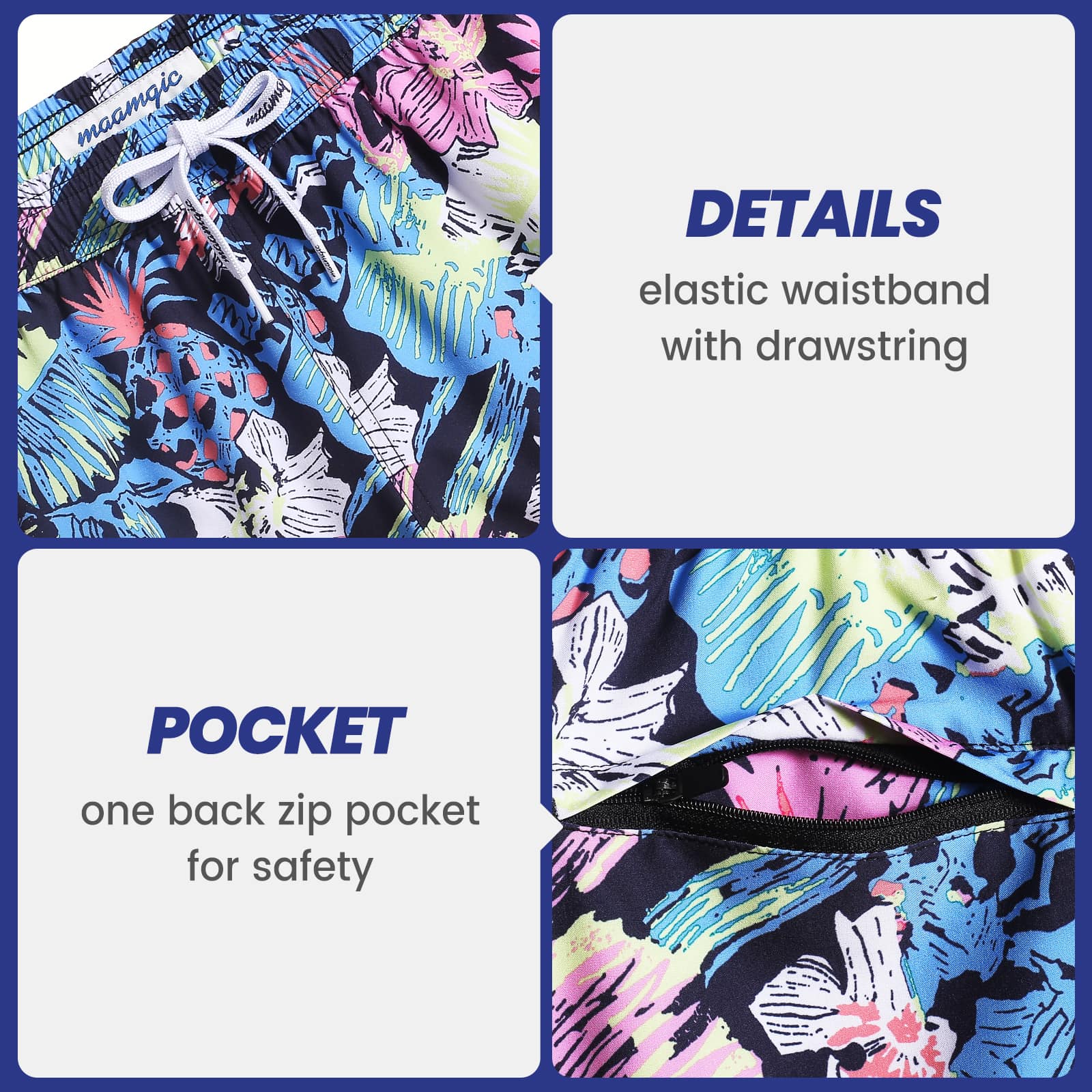 5.5 Inch Inseam Stretch Blue Pink Printed Swim Trunks-VibeCloset