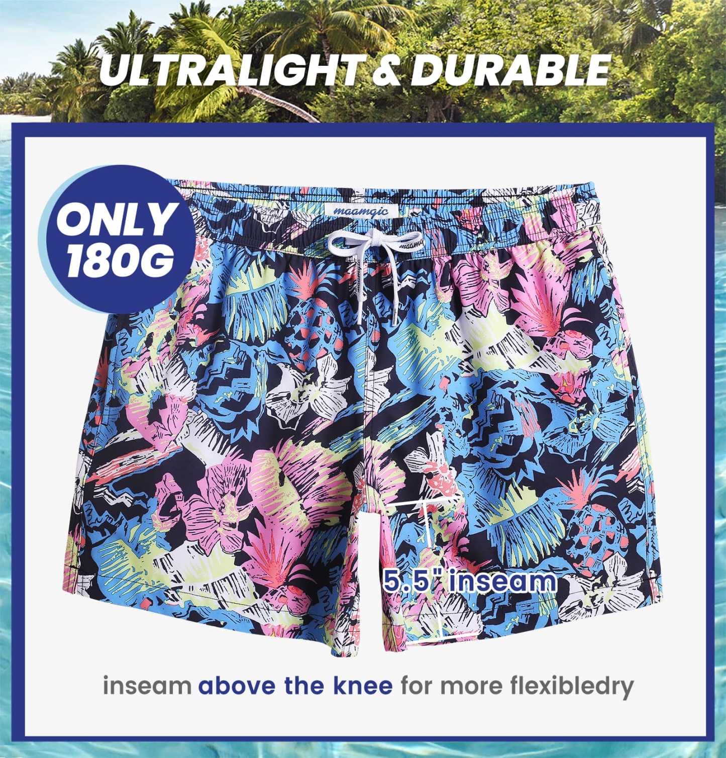 5.5 Inch Inseam Stretch Blue Pink Printed Swim Trunks-VibeCloset
