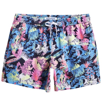 5.5 Inch Inseam Stretch Blue Pink Printed Swim Trunks-VibeCloset