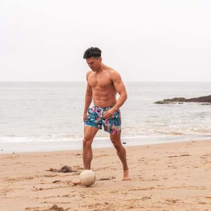 5.5 Inch Inseam Stretch Blue Pink Printed Swim Trunks-VibeCloset