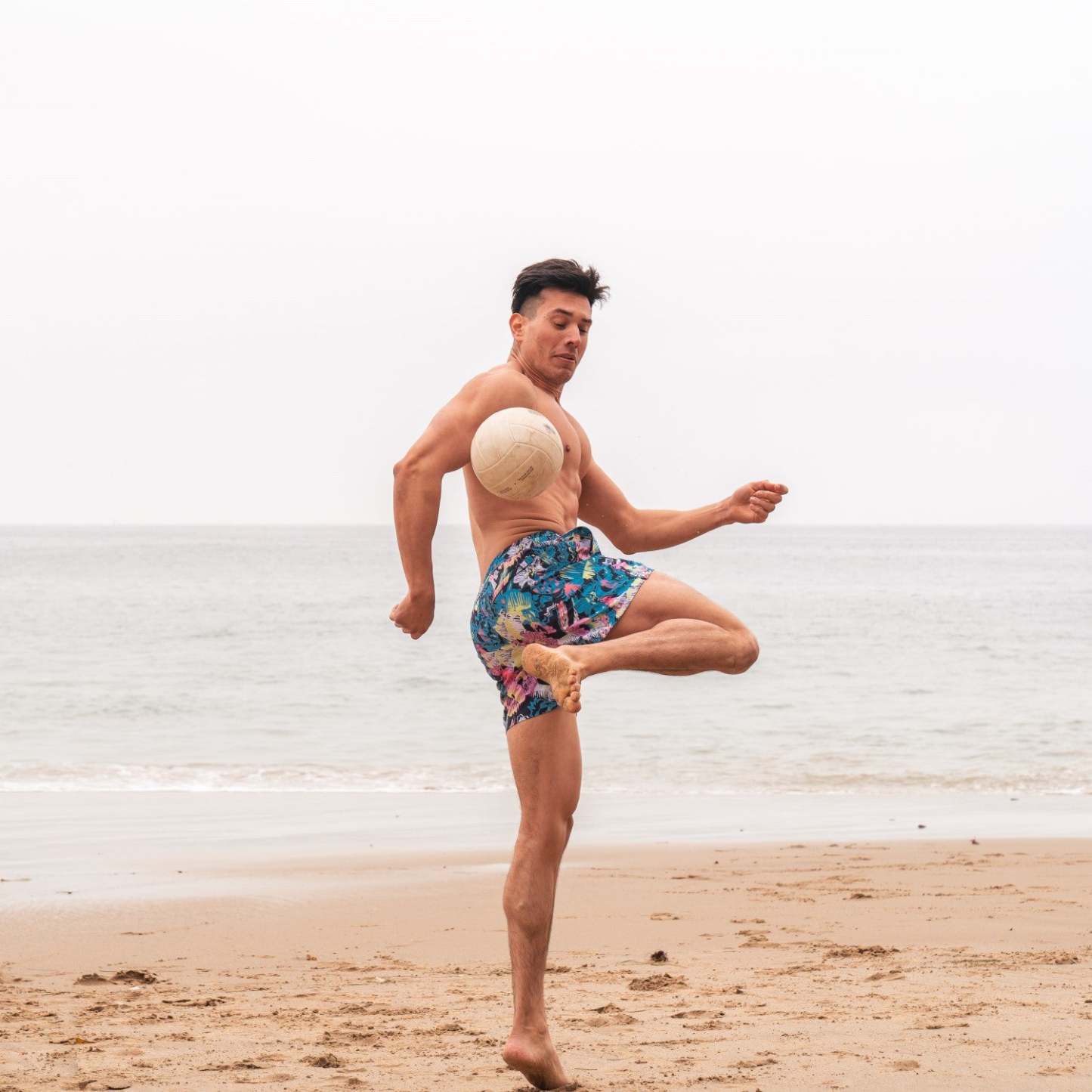 5.5 Inch Inseam Stretch Blue Pink Printed Swim Trunks-VibeCloset