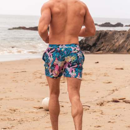 5.5 Inch Inseam Stretch Blue Pink Printed Swim Trunks-VibeCloset