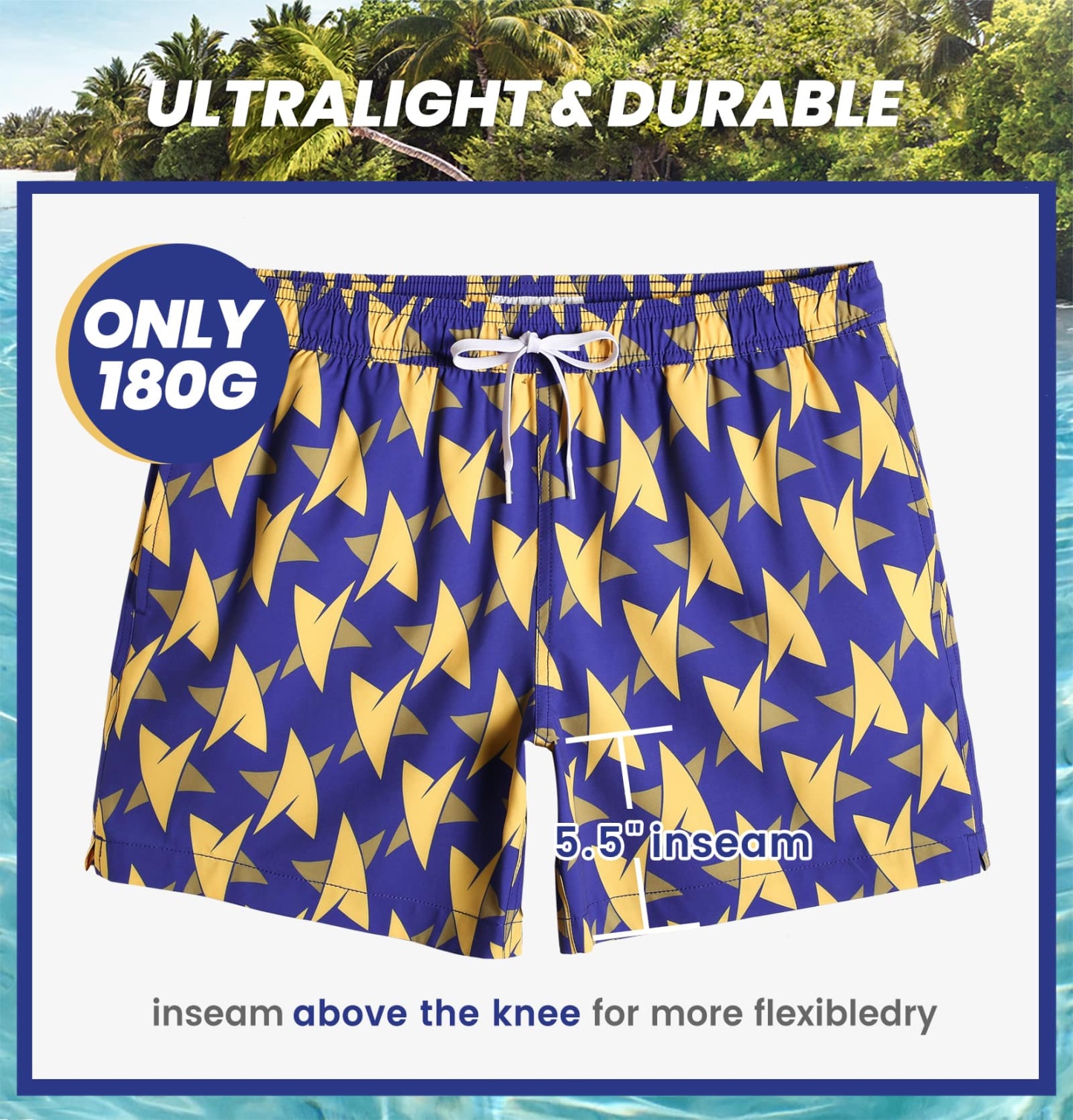 5.5 Inch Inseam Stretch Blue Star Swim Trunks-VibeCloset