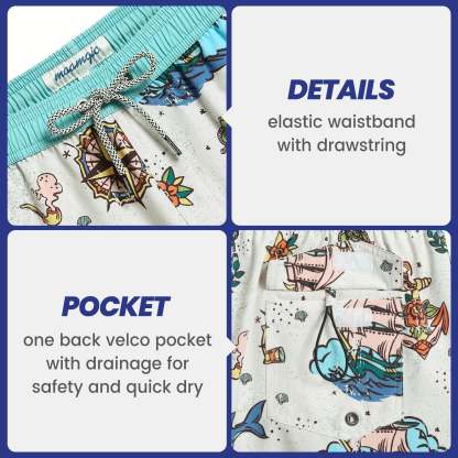 4.5 Inch Inseam Vintage Stretch White Circus Swim Trunks-VibeCloset