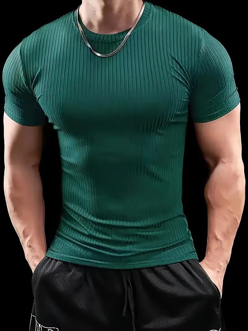Men'S Summer Striped T-Shirt - Casual & Sporty, Slim Fit, High-Elasticity Ribbed Crew Neck Tee, Lightweight for Gym & Casual Attire