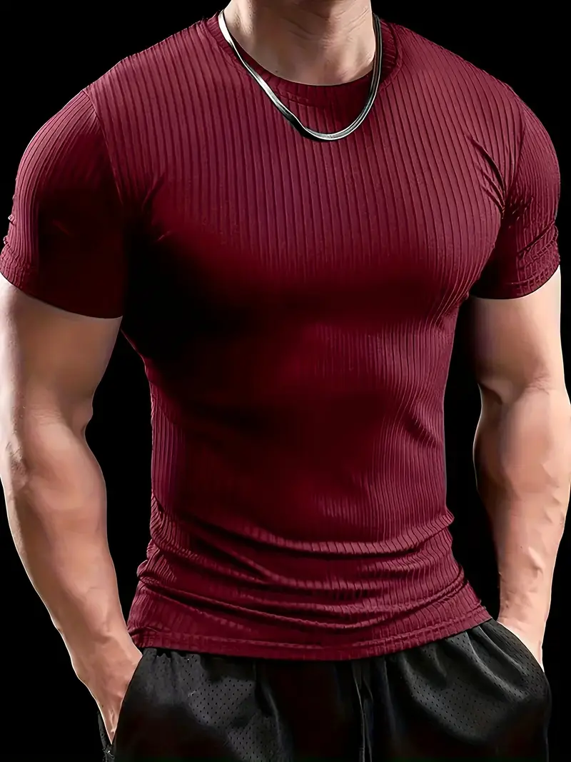 Men'S Summer Striped T-Shirt - Casual & Sporty, Slim Fit, High-Elasticity Ribbed Crew Neck Tee, Lightweight for Gym & Casual Attire