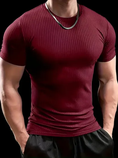 Men'S Summer Striped T-Shirt - Casual & Sporty, Slim Fit, High-Elasticity Ribbed Crew Neck Tee, Lightweight for Gym & Casual Attire
