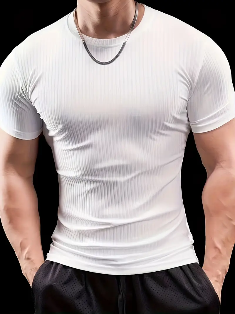 Men'S Summer Striped T-Shirt - Casual & Sporty, Slim Fit, High-Elasticity Ribbed Crew Neck Tee, Lightweight for Gym & Casual Attire