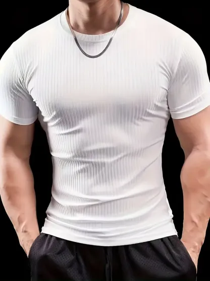 Men'S Summer Striped T-Shirt - Casual & Sporty, Slim Fit, High-Elasticity Ribbed Crew Neck Tee, Lightweight for Gym & Casual Attire