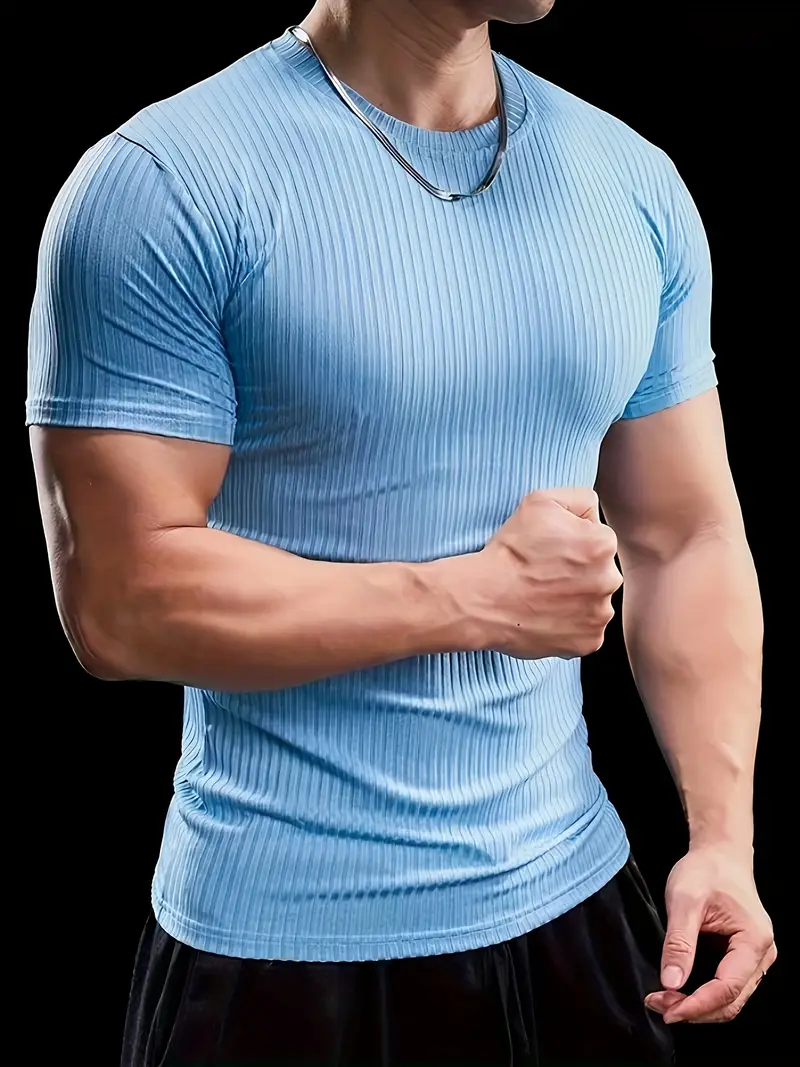 Men'S Summer Striped T-Shirt - Casual & Sporty, Slim Fit, High-Elasticity Ribbed Crew Neck Tee, Lightweight for Gym & Casual Attire