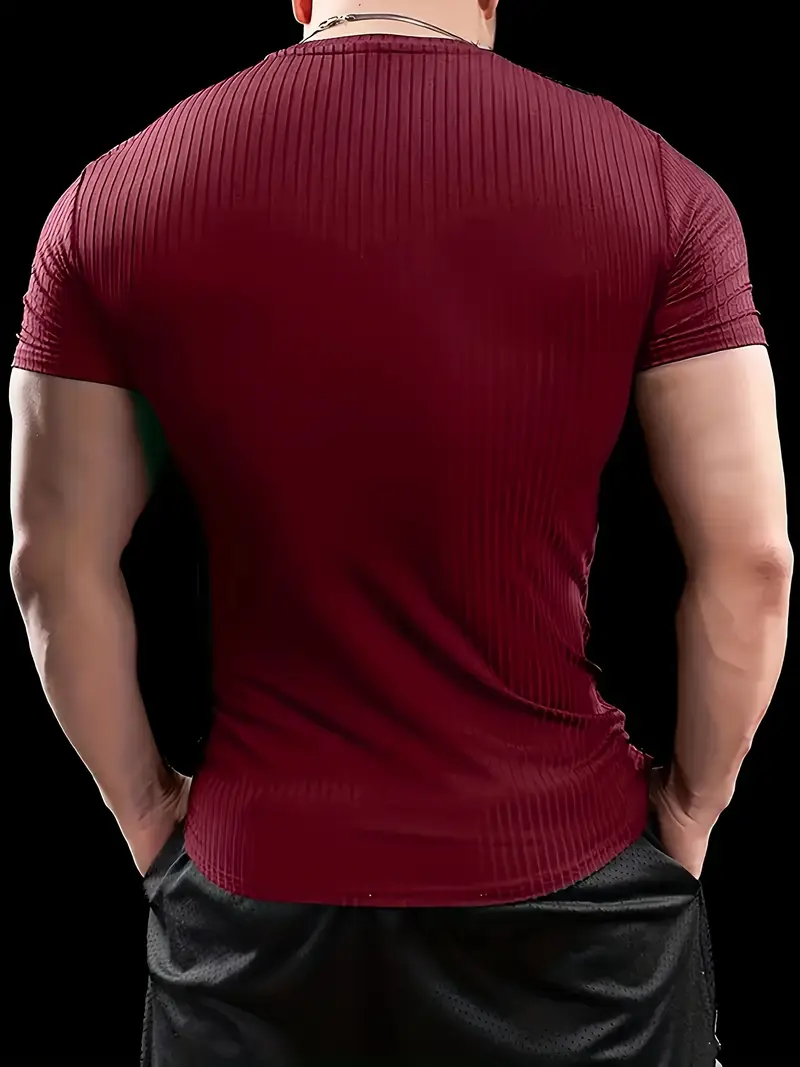 Men'S Summer Striped T-Shirt - Casual & Sporty, Slim Fit, High-Elasticity Ribbed Crew Neck Tee, Lightweight for Gym & Casual Attire