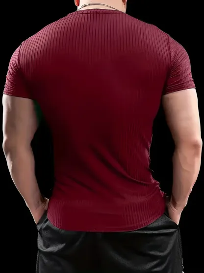 Men'S Summer Striped T-Shirt - Casual & Sporty, Slim Fit, High-Elasticity Ribbed Crew Neck Tee, Lightweight for Gym & Casual Attire