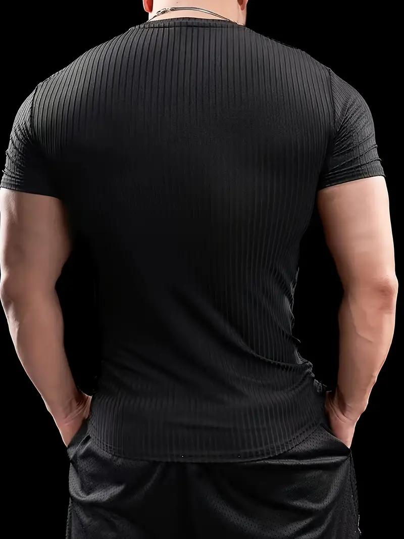 Men'S Summer Striped T-Shirt - Casual & Sporty, Slim Fit, High-Elasticity Ribbed Crew Neck Tee, Lightweight for Gym & Casual Attire