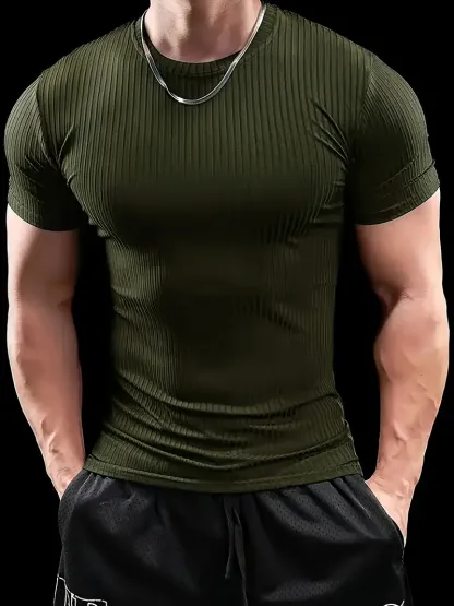 Men'S Summer Striped T-Shirt - Casual & Sporty, Slim Fit, High-Elasticity Ribbed Crew Neck Tee, Lightweight for Gym & Casual Attire