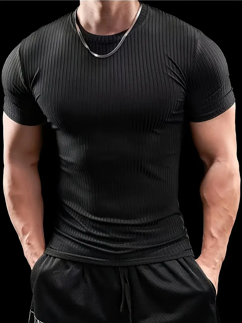 Men'S Summer Striped T-Shirt - Casual & Sporty, Slim Fit, High-Elasticity Ribbed Crew Neck Tee, Lightweight for Gym & Casual Attire