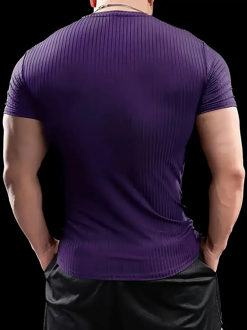Men'S Summer Striped T-Shirt - Casual & Sporty, Slim Fit, High-Elasticity Ribbed Crew Neck Tee, Lightweight for Gym & Casual Attire