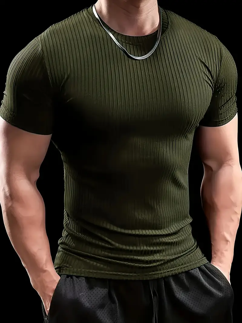 Men'S Summer Striped T-Shirt - Casual & Sporty, Slim Fit, High-Elasticity Ribbed Crew Neck Tee, Lightweight for Gym & Casual Attire