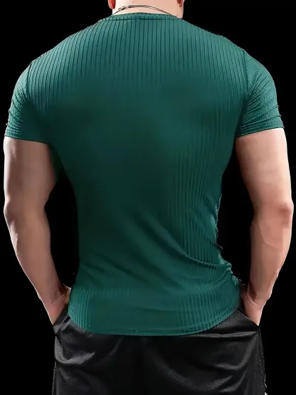 Men'S Summer Striped T-Shirt - Casual & Sporty, Slim Fit, High-Elasticity Ribbed Crew Neck Tee, Lightweight for Gym & Casual Attire