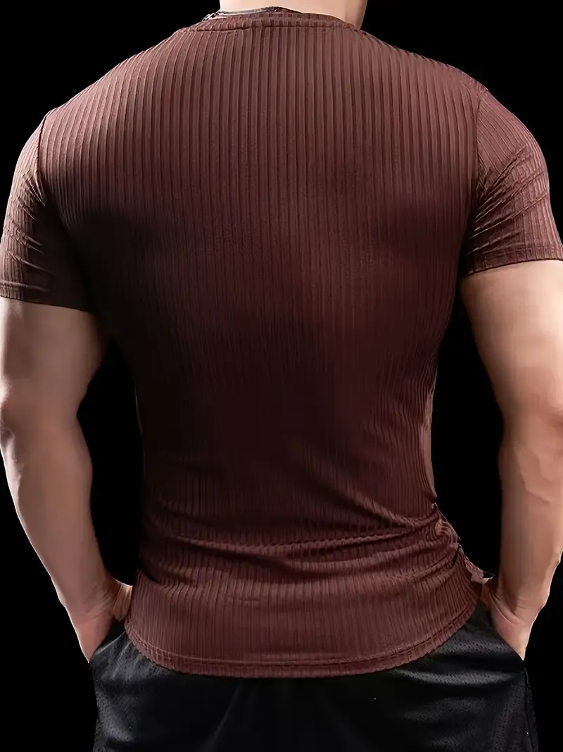 Men'S Summer Striped T-Shirt - Casual & Sporty, Slim Fit, High-Elasticity Ribbed Crew Neck Tee, Lightweight for Gym & Casual Attire