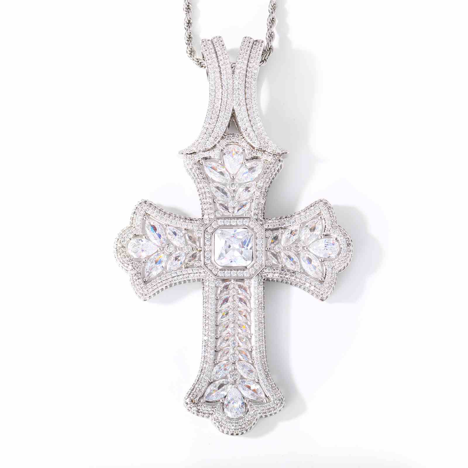 Luxurious Pear Cut CZ Iris Cross Pendant