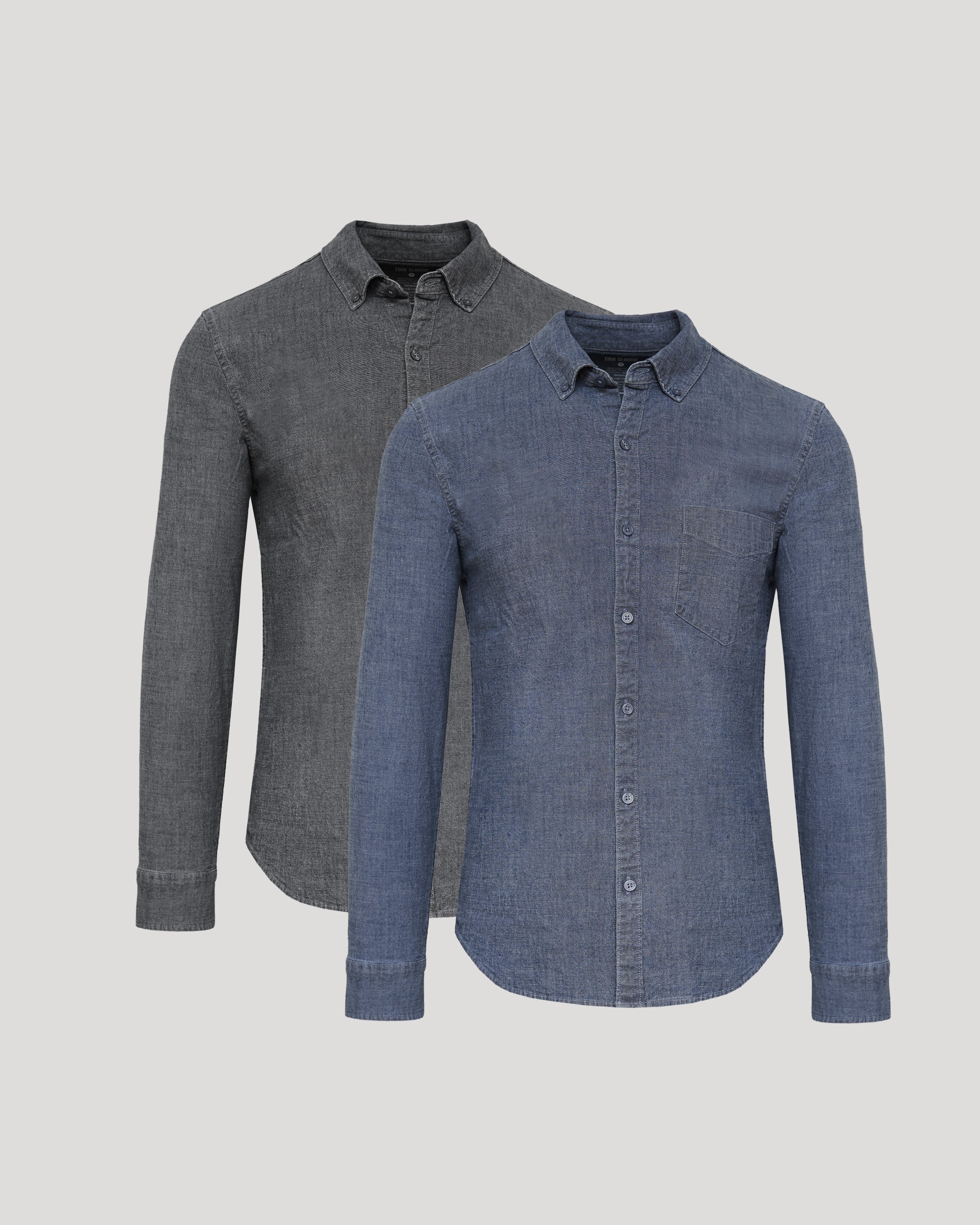 Black & Medium Indigo Wash Long Sleeve Chambray Shirt 2-Pack-VibeCloset
