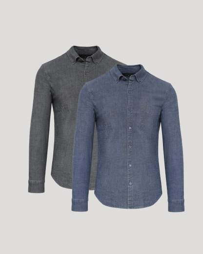 Black & Medium Indigo Wash Long Sleeve Chambray Shirt 2-Pack-VibeCloset
