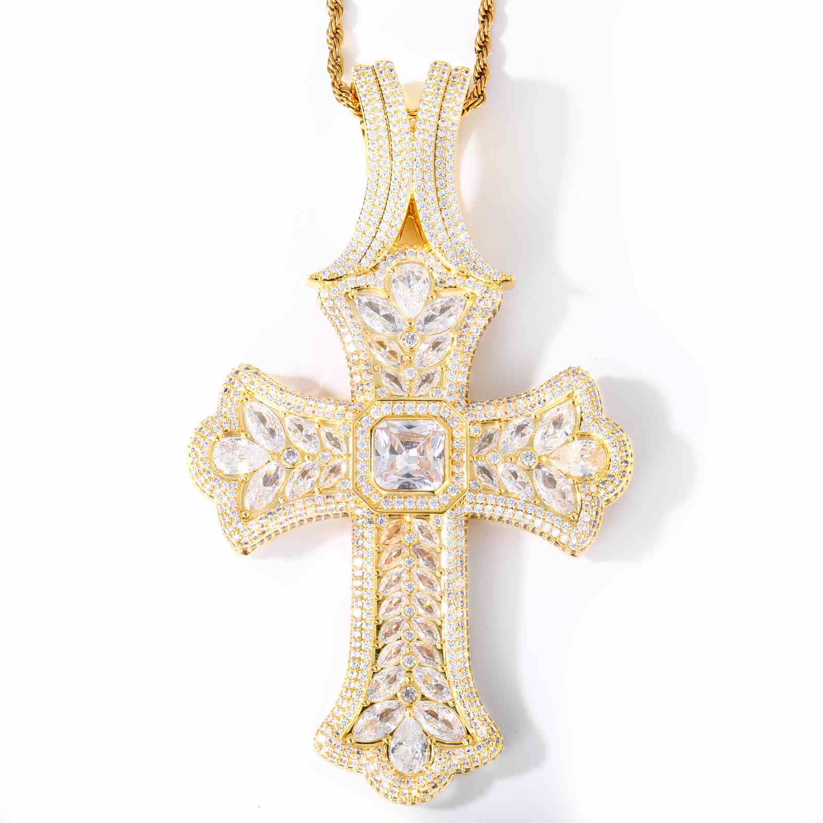 Luxurious Pear Cut CZ Iris Cross Pendant