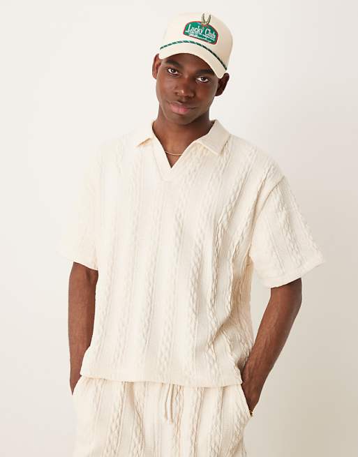 boxy relaxed polo in heavyweight cream cable texture