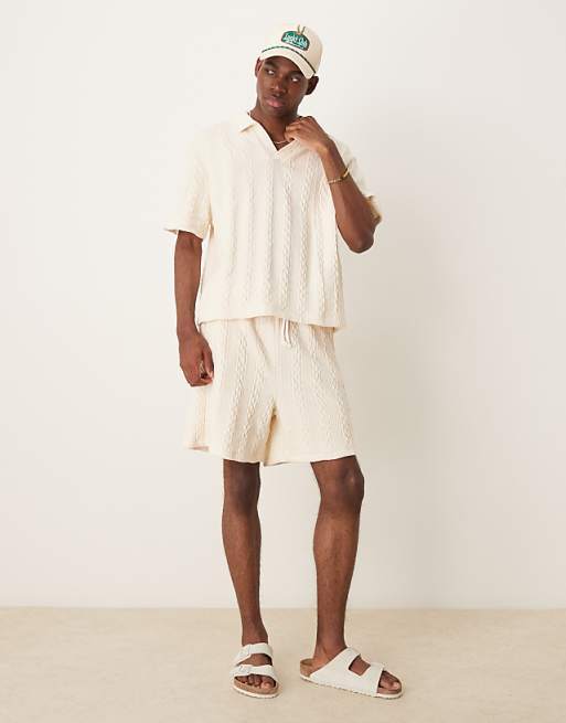boxy relaxed polo in heavyweight cream cable texture