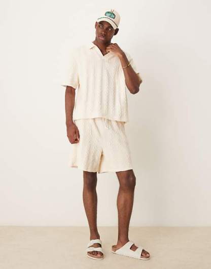 boxy relaxed polo in heavyweight cream cable texture